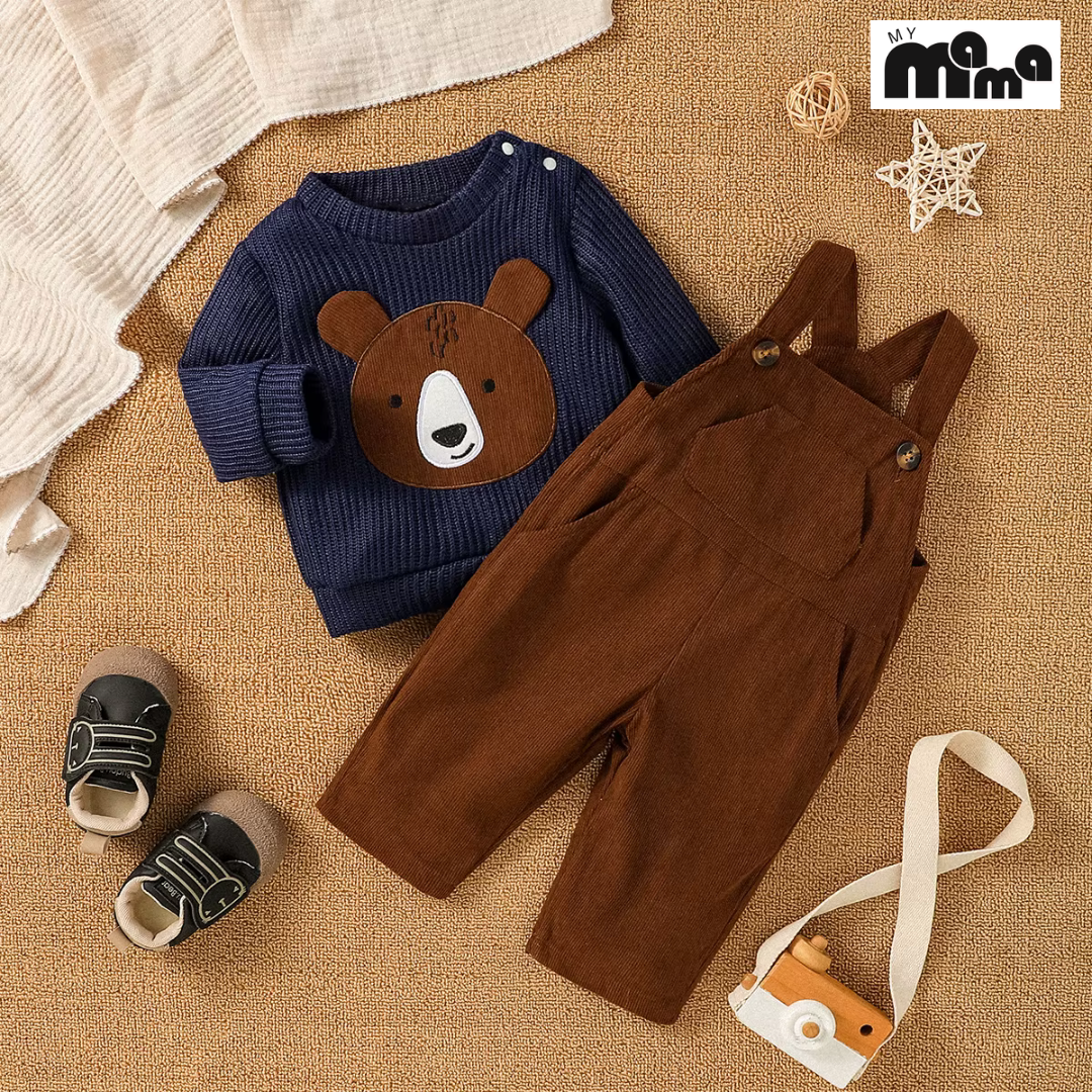 Luxury Baby Boy Fall/Winter Outfit – Cartoon Bear Sweatshirt & Suspender Trousers Set