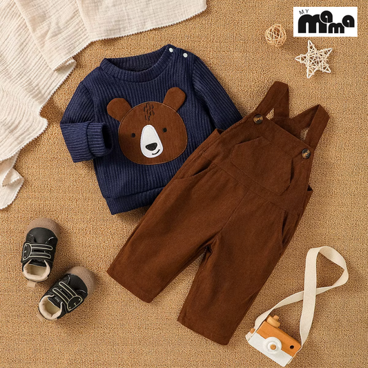 Luxury Baby Boy Fall/Winter Outfit – Cartoon Bear Sweatshirt & Suspender Trousers Set
